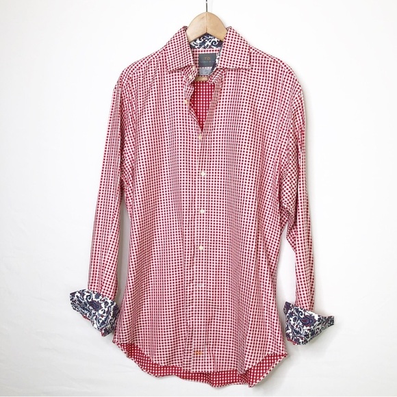 Thomas dean, red and white micro check button down shirt - Picture 9 of 9